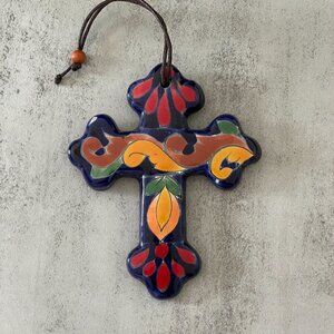 Talavera Hand Painted Cross Wall Hang Multicolor Ceramic GTO Guanajuato Mexico